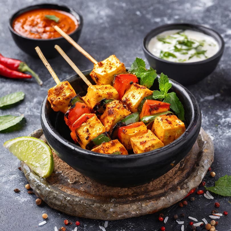 Desi Daawat's paneer tikka skewers with bell peppers and onions, served with red and white sauces.